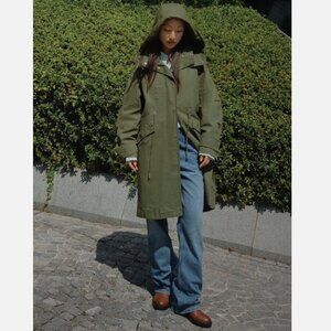 Women's Zara Khaki Green Hooded Parka Trench Coat Size M